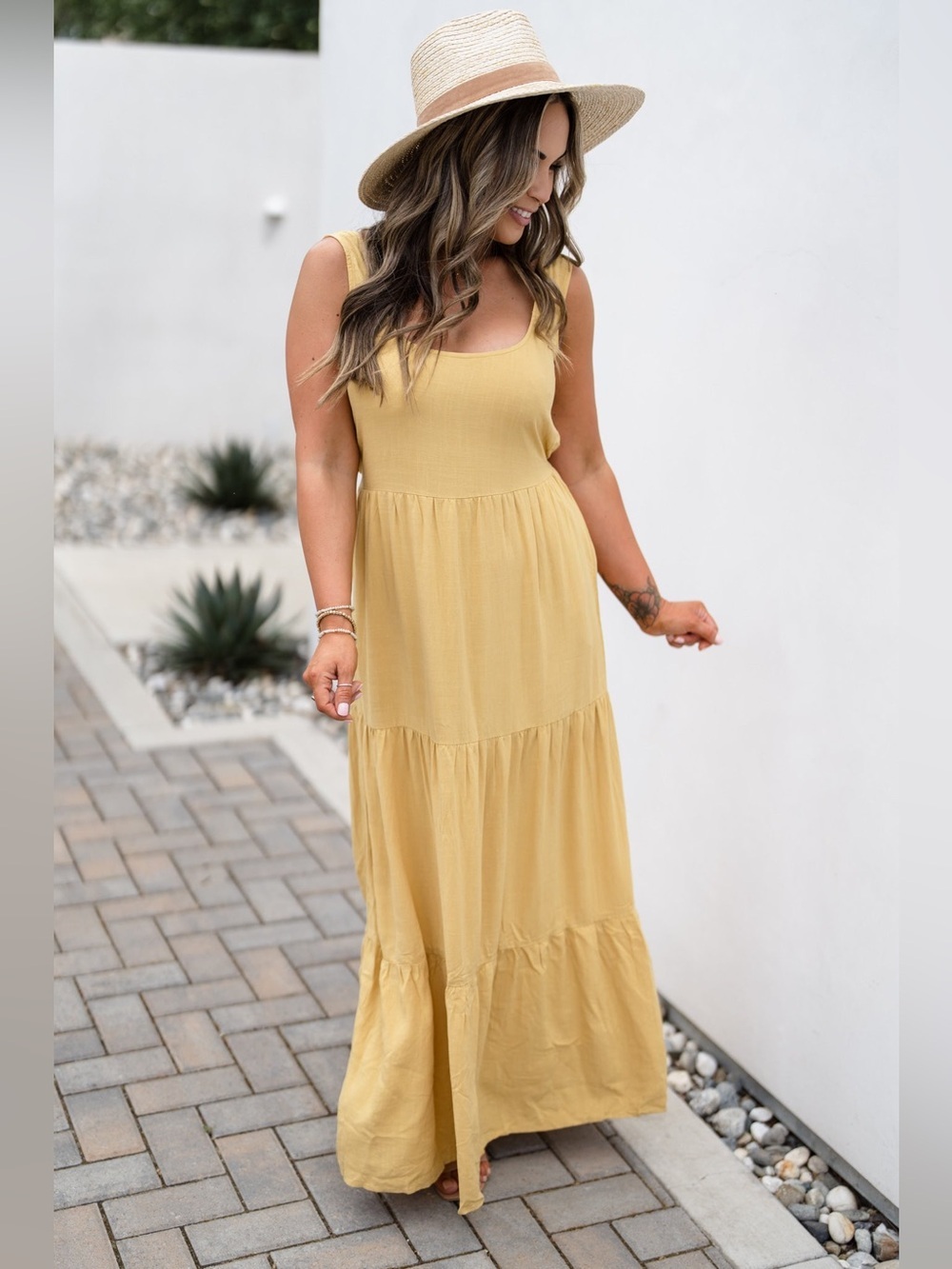 Love Stitch Sleeveless Tiered Maxi Dress in Mustard